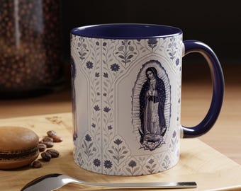 Vintage Blue Virgin Mary Mug | Ceramic Marian Coffee Cup, Floral Catholic Our Lady