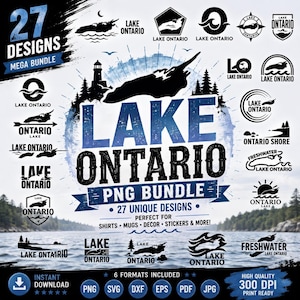 Puede incluir: Un paquete de diseño gráfico digital con 27 logotipos únicos en negro y azul centrados en el lago Ontario. La colección incluye varias ilustraciones del lago, faros y costas con el texto Lake Ontario en cada diseño.