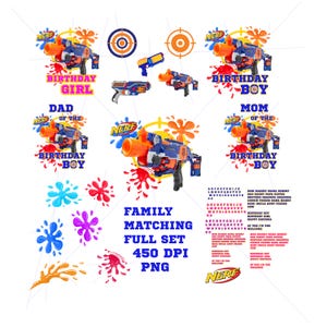 Puede incluir: Un diseño digital con gráficos temáticos de Nerf para una celebración de cumpleaños. El diseño incluye blasters de juguete, símbolos de diana y salpicaduras de pintura coloridas. Los elementos de texto incluyen "Birthday Girl", "Birthday Boy" y "Family Matching."