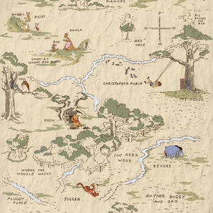 Pode incluir: Um mapa em estilo vintage da Floresta dos Cem Acres, com ilustrações de personagens de Winnie the Pooh como Pooh, Leitão, Tigrão e Eeyore. O mapa inclui locais como a Árvore das Abelhas, a casa de Christopher Robin e o Poço de Areia.