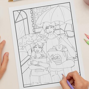 Puede incluir: Página para colorear en blanco y negro con dos personas bajo paraguas bajo la lluvia. Una persona sostiene un recipiente de comida. La otra persona sostiene un libro. Una mano está coloreando la imagen con un lápiz morado.
