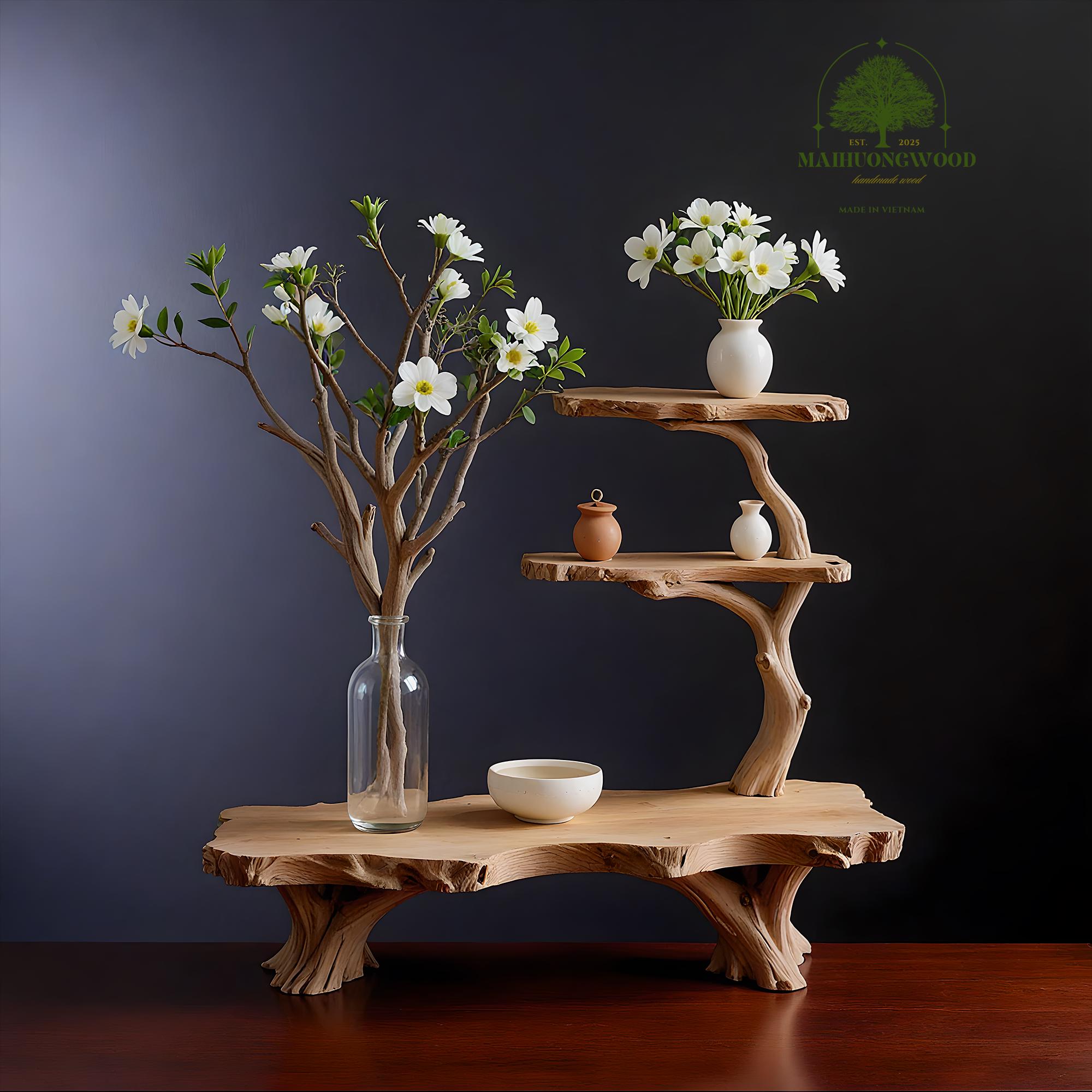 Rustic Table Shelf with Floral Tree Design – Handmade Wooden Art Decor