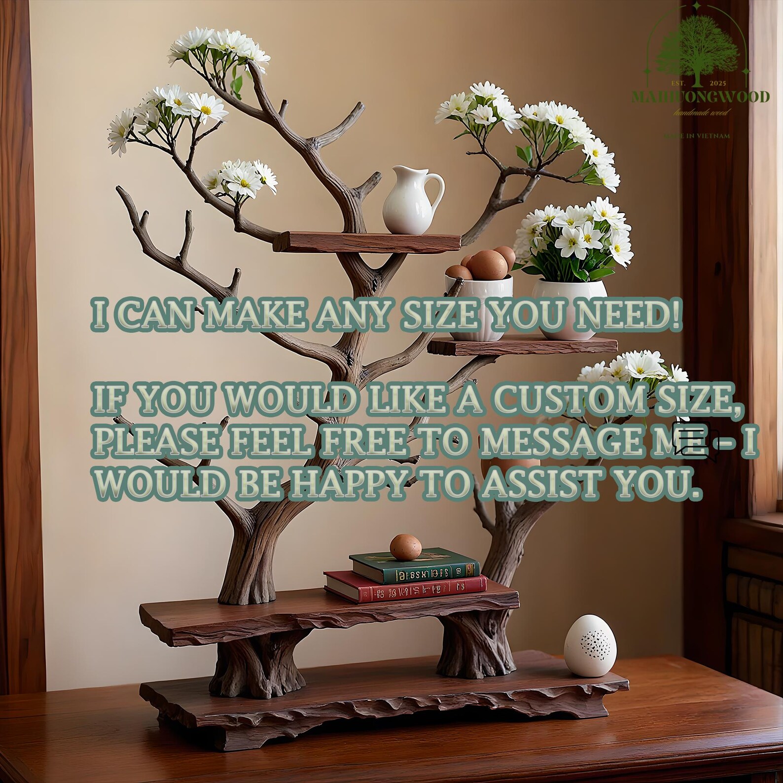 Mini Tree Display Shelf With Realistic Faux Flowers – Artisan Wooden ...