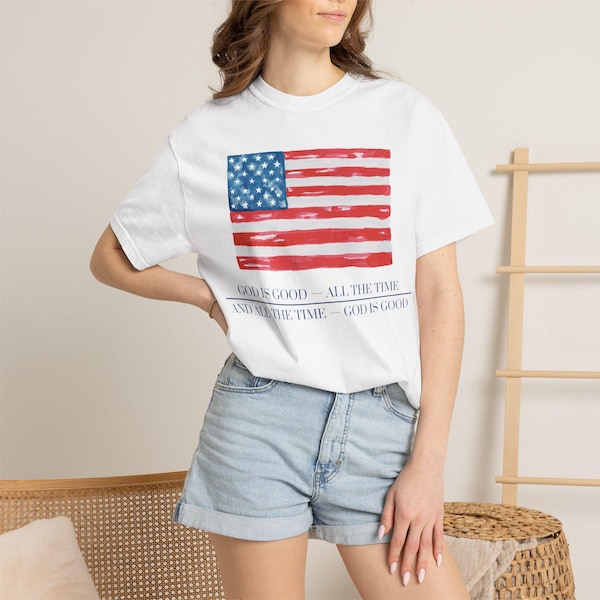 Painted American Flag T-shirt | God Is Good Script, Stars & Stripes