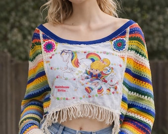 SOLD* Rainbow Brite Cropped Sweater, Vintage 1984 Tank Top Remixed, Crochet Trim