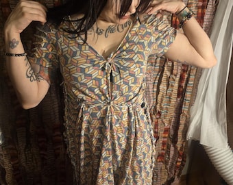 Colorful Geometric Patterned dress with custom cuts and ties