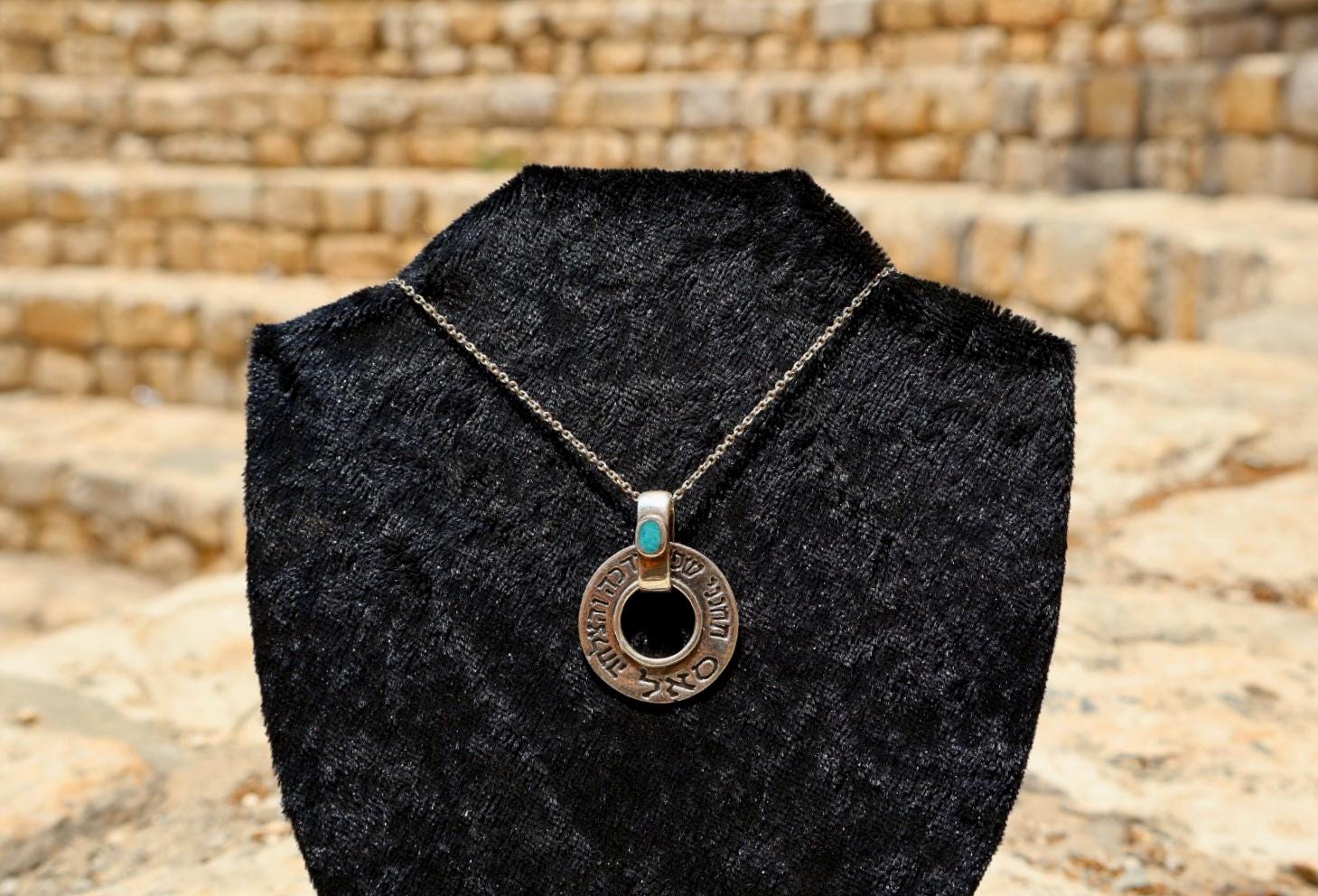 Blessing and Success Pendant - Kabbalah Necklace with Hebrew Engraving and Turquoise - Silver Judaica Gift, image size:1459x992