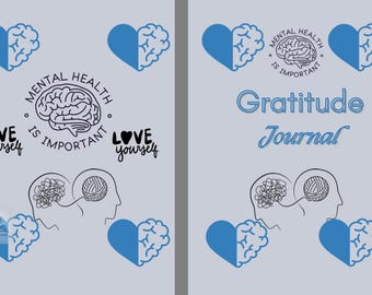 May include: A light gray background features blue heart-brain illustrations and text. The left side says "Mental Health is Important" and "Love Yourself." The right side says "Gratitude Journal." The image promotes mental wellness.