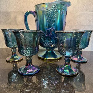 Vintage Carnival Glass Pitcher & Goblets Set: Indiana Harvest Grape, Iridescent Blue Purple