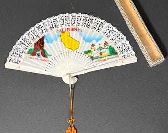 vintage California Redwood Highway folding souvenir fan With box