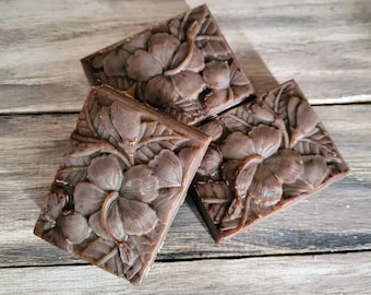 Vanilla soap cold processed soaps bars handmade goodies shaped like hibiscus plants dark brown soaps