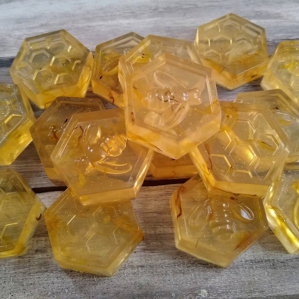 set of four bee soaps calendula petals guest size great for gifts honey powder cosmetic glitter bees honeycomb soap bundle gift