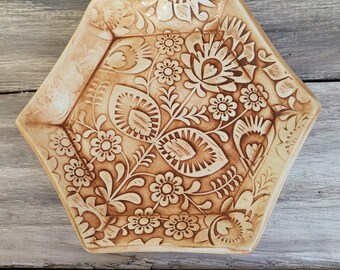 hexagon dish trinkets plate flowers floral textured design pottery ceramics kiln fired