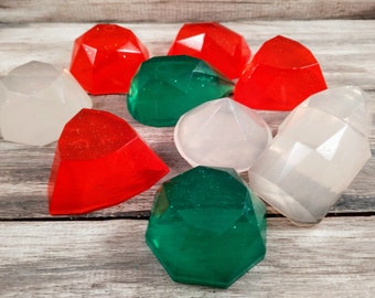 Gemstone soap set of 7 diamond emerald ruby you pick your colors treasure clear glycerin soap glitter added for extra sparkle shapes party