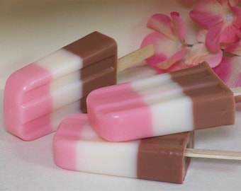 soap popsicle ....smart mouth soap foodie soap neapolitan striped pop on a stick fruit filled clear great party gift yum! kids love them!