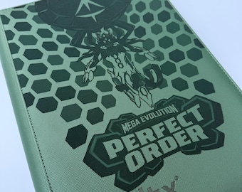 Mega Evolution : Perfect Order custom laser engraved vault x binder - Metallic  Green Y- 9 Pocket 360 slots- ME 3