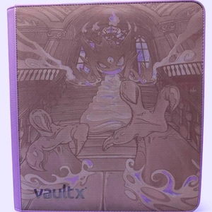 May include: A purple Vault X trading card binder featuring a detailed illustration of a cartoon ghost character in a haunted house setting. The binder has a stitched border and the Vault X logo in the lower left corner.
