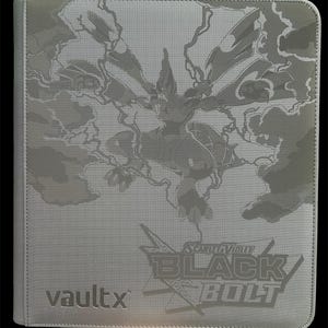 May include: A gray card binder featuring a detailed embossed design of a creature with lightning and clouds. The text "Scarlet & Violet Black Bolt" and "vaultx" are visible on the cover. The binder is rectangular with rounded corners.