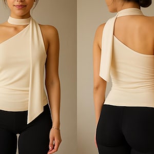 Minimalist Asymmetrical Scarf Top Sewing Pattern – Digital PDF, Beginner-Friendly Knit Top with Elegant Neck Tie