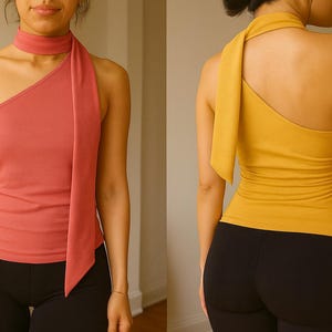 Minimalist Asymmetrical Scarf Top Sewing Pattern – Digital PDF, Beginner-Friendly Knit Top with Elegant Neck Tie