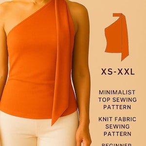 Minimalist Asymmetrical Scarf Top Sewing Pattern – Digital PDF, Beginner-Friendly Knit Top with Elegant Neck Tie