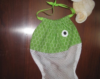 Mini Fish Drawstring Bag, Green Hexagon