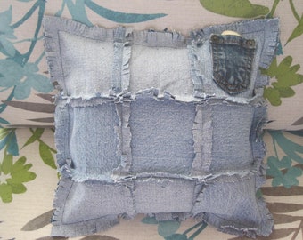 Fringed Denim Pillow 10" x 10"