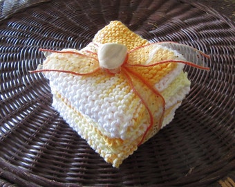 Hand Knitted Cotton Dishcloths, Shades of Yellow and White, Set of Three