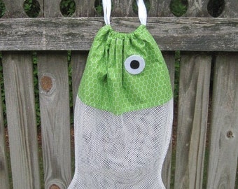 Fish Shaped Drawstring Mesh Bag, Green Hexagon