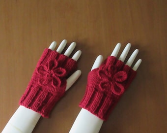 Fingerless Gloves with Flower, Hand Knitted in Burgundy