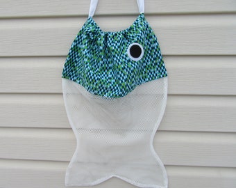 Fish Shaped Drawstring Mesh Bag, Turquoise and Green