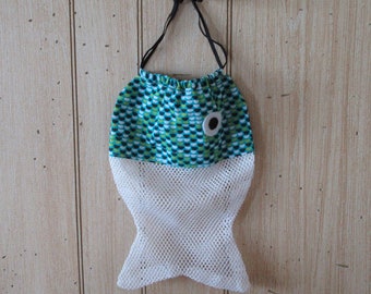 Mini Fish Shaped Drawstring Mesh Bag, Turquoise and Green