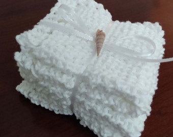 Hand Knitted Cotton Dishcloths, White, Set of Three