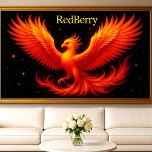 phoenix wall art, feng shui decor, oriental digital print, red mystical bird, rebirth symbol, modern Chinese artwork, digital download