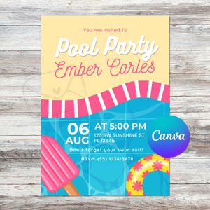 Bearbeitbare Sommer Pool Party Sunshine Geburtstagseinladung | Sofortdownload | Pool-Party | Digitale Einladungsvorlage | Leinwand