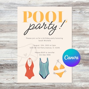 Editable Summer Pool Party Swimsuit Invitation | Instant Download | Pool Party | Digital Invite Template | Canva