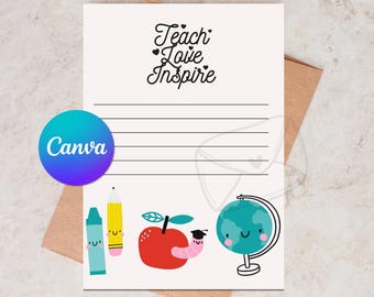 May include: A white card with the words "Teach Love Inspire" in black script. The card features illustrations of school supplies, including a crayon, pencil, apple with a worm, and a globe. A Canva logo is in the corner.