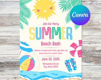 Invitación de cumpleaños editable para fiesta en la playa de verano / Descarga instantánea / Fiesta de verano en la playa / Plantilla de invitación digital / Canva