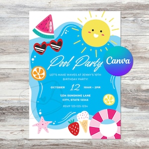 Editable Summer Pool Party Sunshine Birthday Invitation | Instant Download | Pool Party | Digital Invite Template | Canva