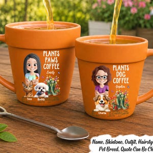 May include: Two terracotta-colored ceramic mugs shaped like flower pots, each featuring a custom cartoon illustration of a person with pets, floral graphics, and text. The left mug reads Plants Paws Coffee with names Emily, Toco, and Buddy. The right mug reads Plants Dog Coffee with names Sophia and Charlie.