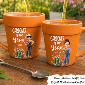May include: Two orange ceramic mugs shaped like terracotta flower pots, each featuring the text Gardener of the year, a cartoon character illustration, and floral graphics. One mug is personalized with the name Emily and the other with Jessica.