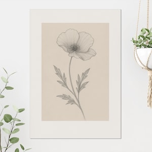 Pencil Poppy Drawing Print – Botanical Fine Art Wall Decor – Monochrome Line Art – A3 A4 A2 Sizes – Minimalist Nature Art Print