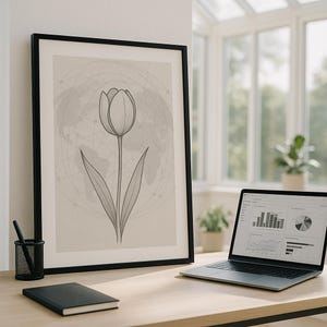 Dibujo minimalista de tulipán: boceto botánico a lápiz, flores en blanco y negro imprimibles, arte mural moderno inspirado en la naturaleza.