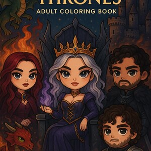 May include: Cover of a 'Fantasy Thrones' adult colouring book. The image shows cartoon characters, dragons, and a castle. The title "FANTASY THRONES" is in gold lettering. The characters are set against a dark blue background.