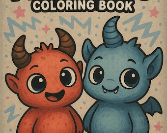 Puede incluir: Portada de libro para colorear infantil con el título "CUTE MONSTERS" en rosa y negro. La imagen presenta dos monstruos de dibujos animados: uno rojo con cuernos y otro azul con un solo cuerno y alas. El fondo es beige con zigzags y estrellas decorativas.