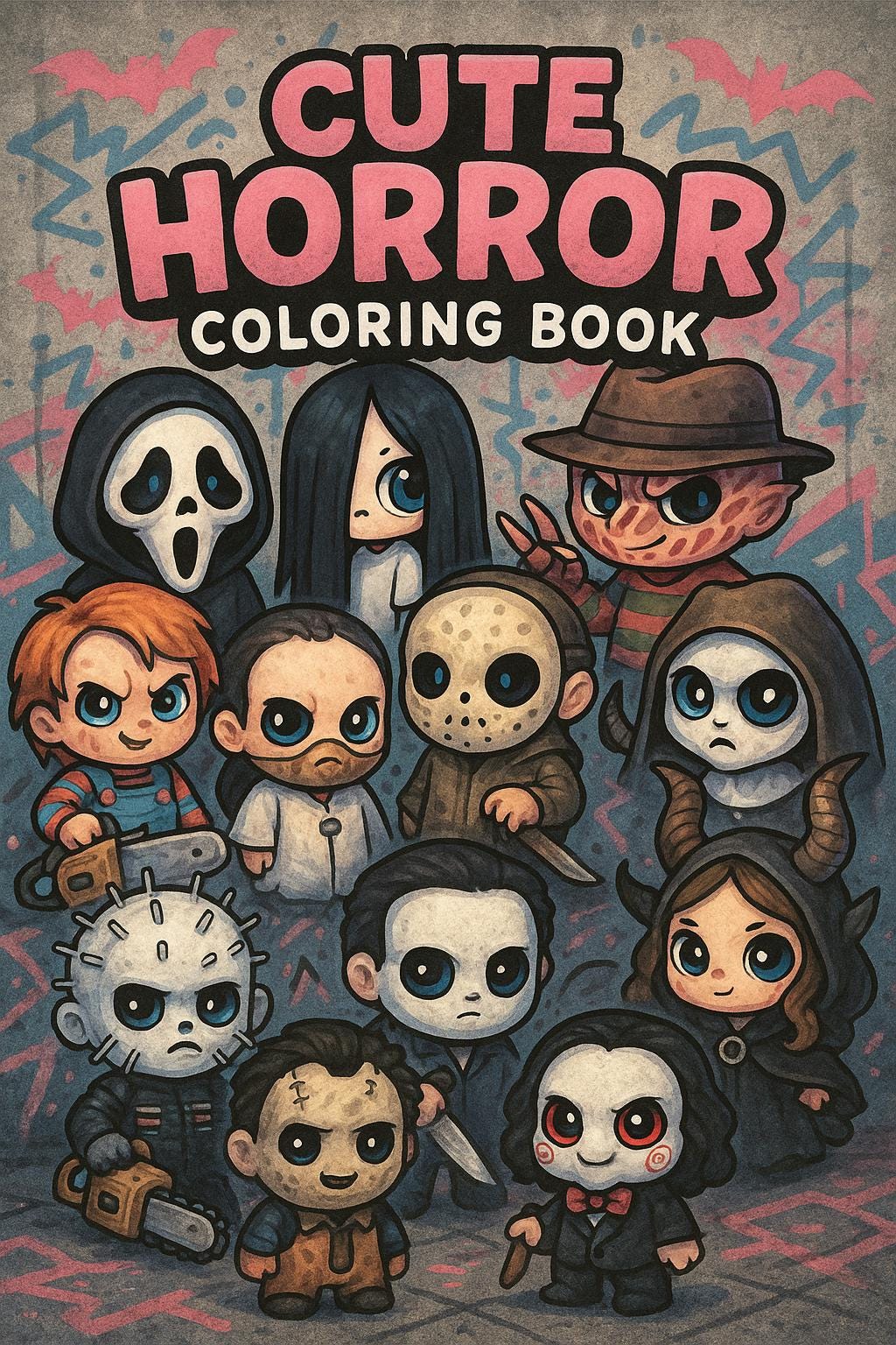 Cute Horror Icons Coloring Book | Chibi Slashers, Ghosts & Creepy Dolls | Printable Halloween A4 PDF