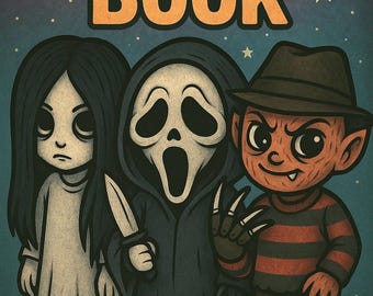 May include: A coloring book cover featuring cartoon versions of horror movie characters. The text "COLORING BOOK" is at the top. The characters include a girl, Ghostface, and Freddy Krueger, all with exaggerated features and a vintage style.