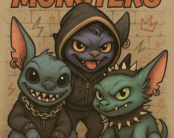 Puede incluir: Ilustración de tres monstruos de dibujos animados con un estilo rebelde. El texto "SLAY MONSTERS" está en la parte superior. Los monstruos son en tonos de azul y verde, uno de ellos con una sudadera con capucha. El fondo tiene un diseño de pared de ladrillos.
