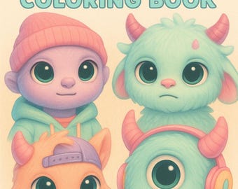 Puede incluir: Un libro para colorear titulado "Alien Characters Coloring Book" con cuatro personajes alienígenas de dibujos animados. Los alienígenas son de color púrpura, naranja y verde azulado, con ojos grandes y cuernos. El título del libro está en letras coloridas.