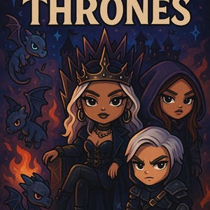 May include: Fantasy Thrones adult colouring book cover. The cover features illustrations of fantasy characters, including a queen on a throne, two figures, and dragons. The title is in large, gold letters. The background is dark blue with a castle.